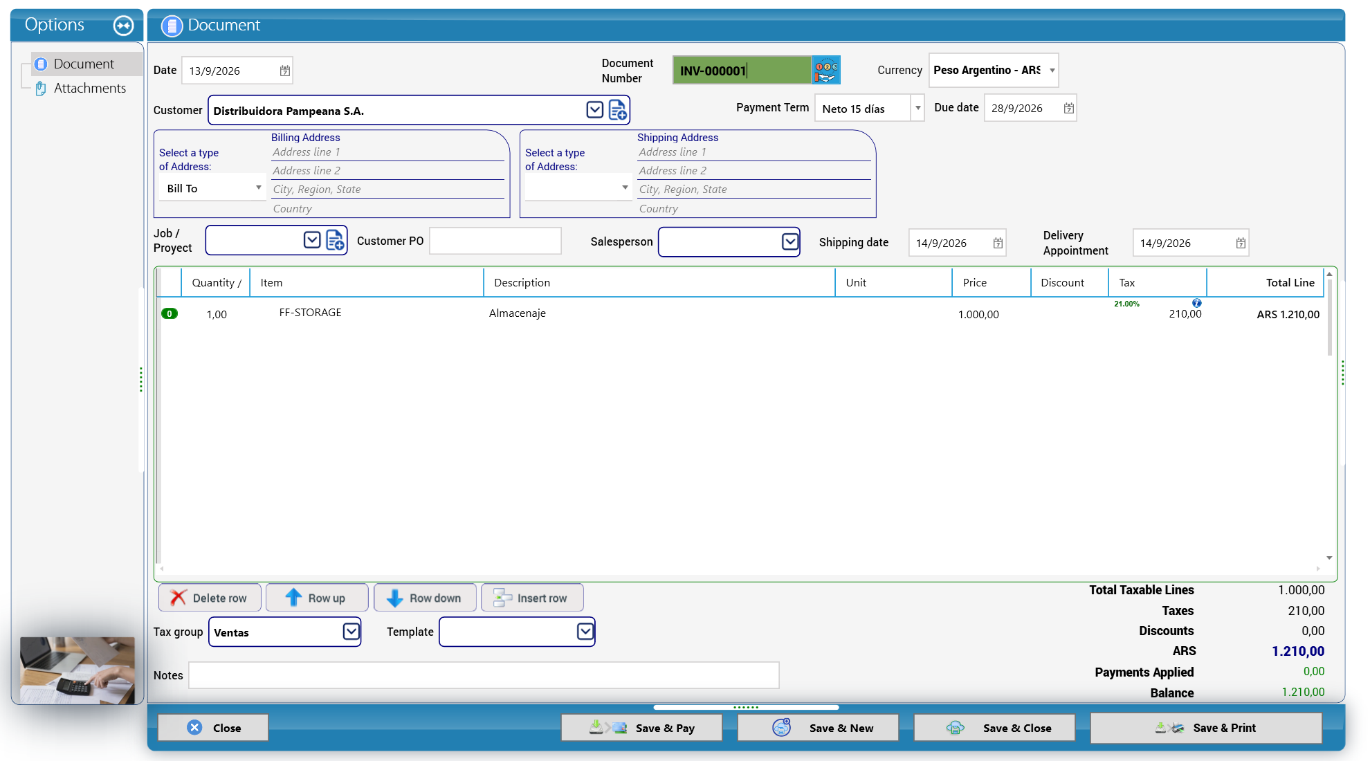 Sales invoice INV-000001 to Distribuidora Pampeana S.A. (Cargo Masters Argentina)