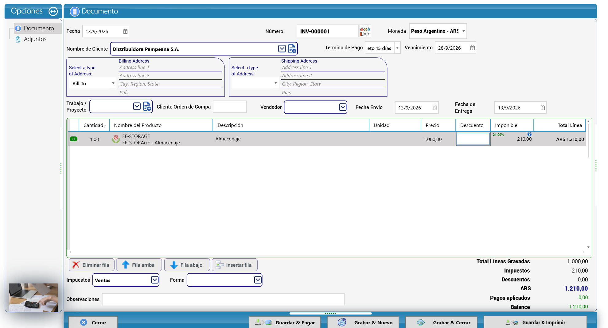 Factura de venta INV-000001 a Distribuidora Pampeana
