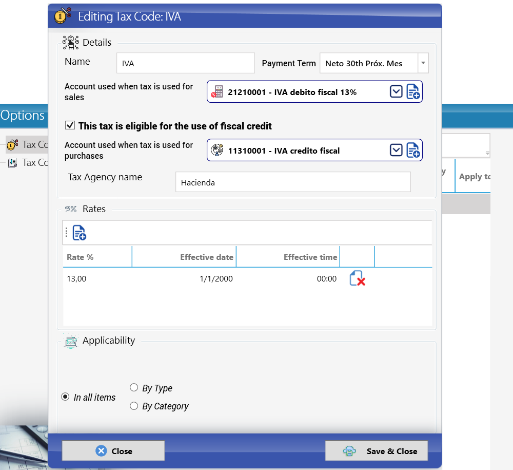 Editing the IVA tax code with fiscal credit (Cargo Masters Costa Rica)