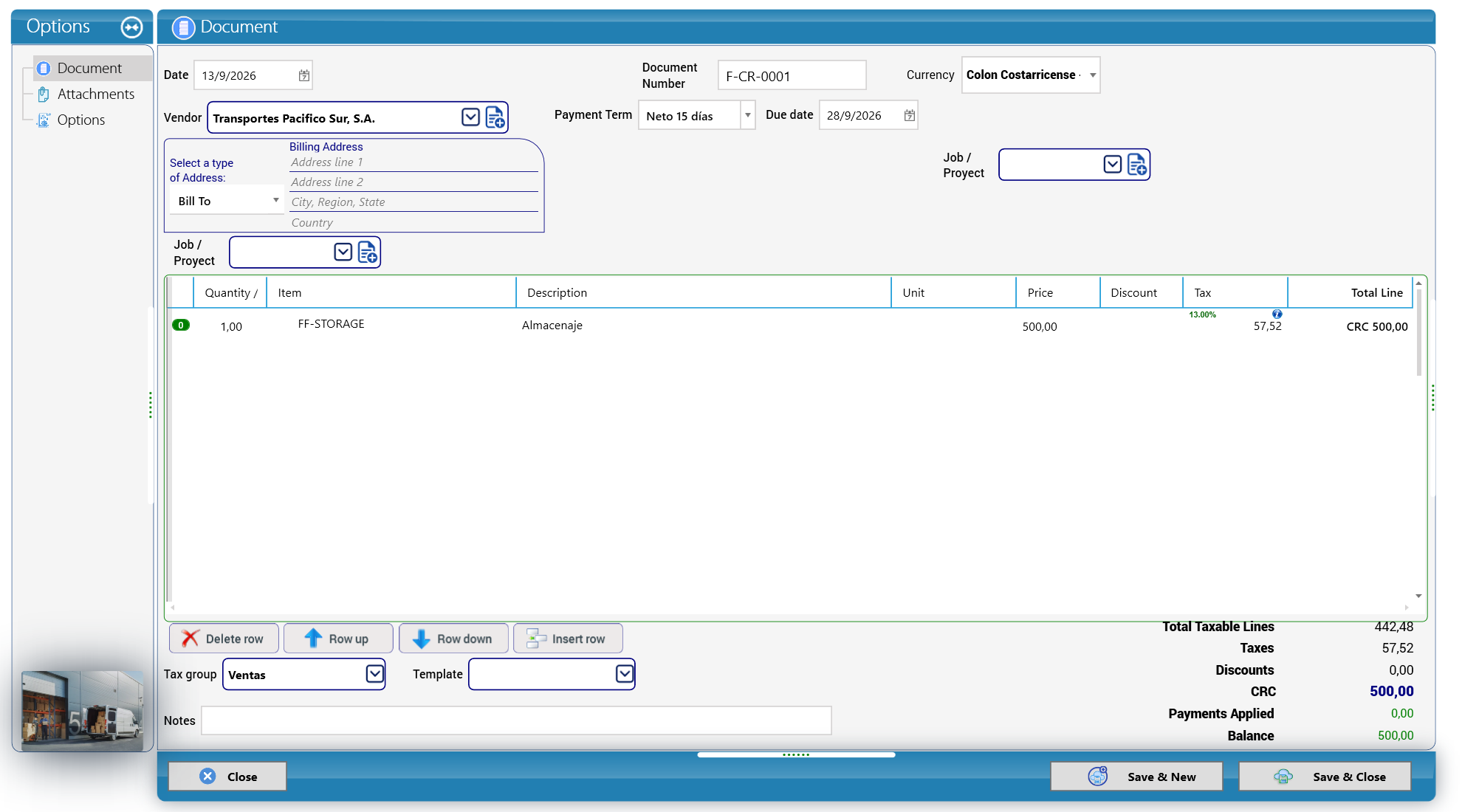 Vendor bill F-CR-0001 from Transportes Pacifico Sur, S.A. (Cargo Masters Costa Rica)