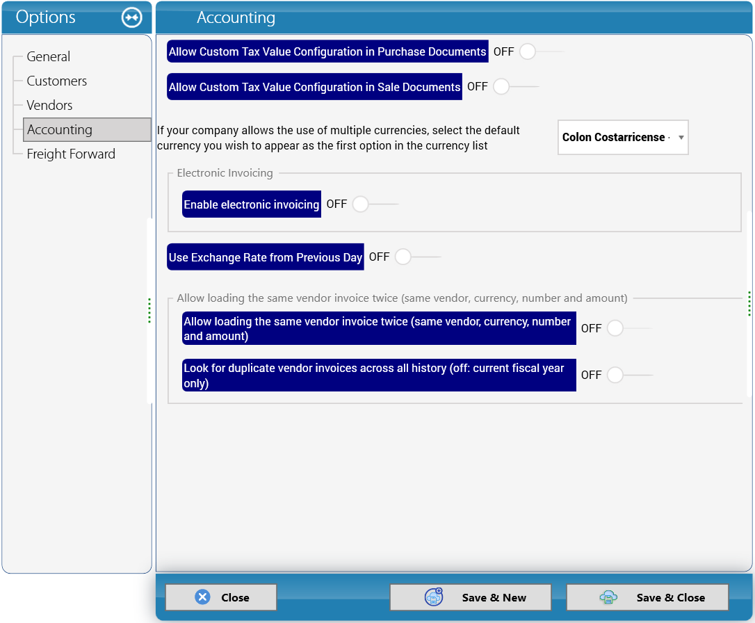 System Options > Accounting in Cargo Masters Costa Rica