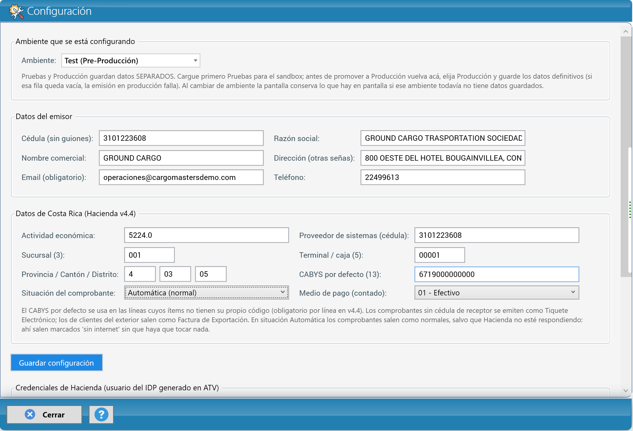 Configuración: emisor y datos de Costa Rica