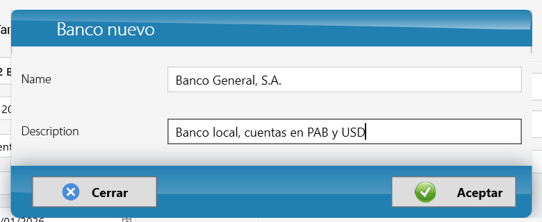 Creación del banco en la ventana Banco nuevo (captura de Panamá)