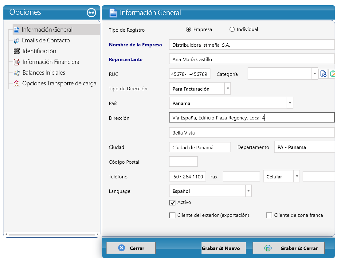 Información General del cliente (captura de Panamá)