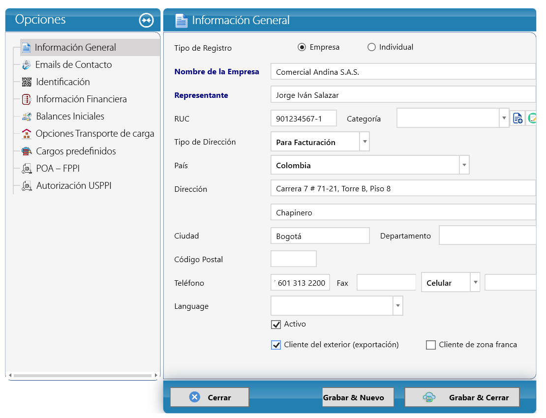 Información General del consignatario Comercial Andina (captura de Panamá)