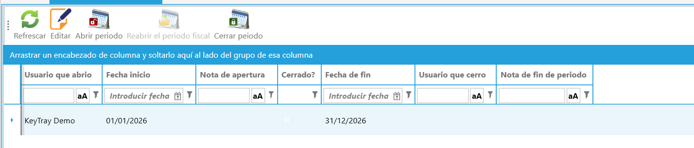 La pantalla de años fiscales