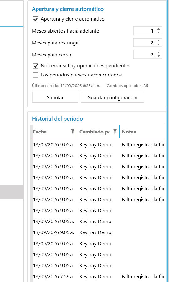 Apertura y cierre automático e historial del período