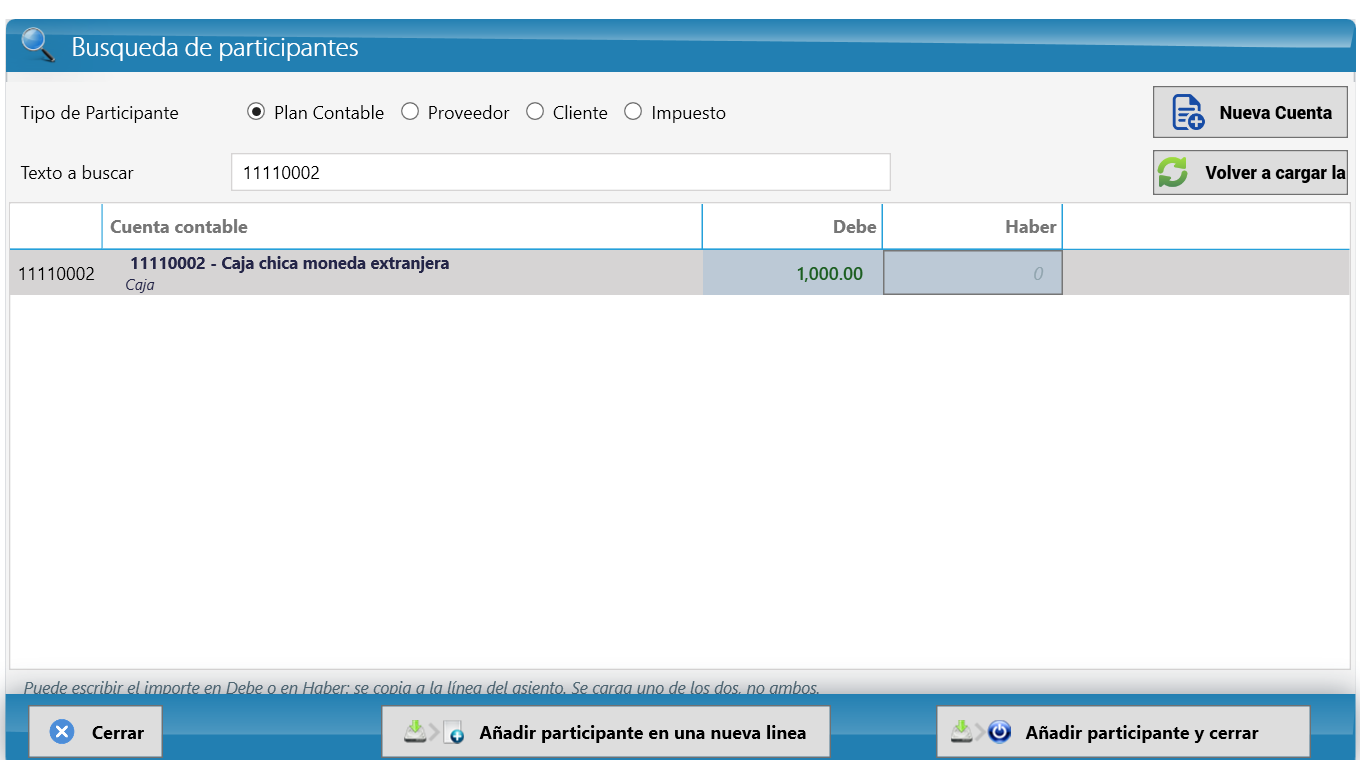 Búsqueda de la cuenta 11110002 con el importe en Debe (captura de Panamá)