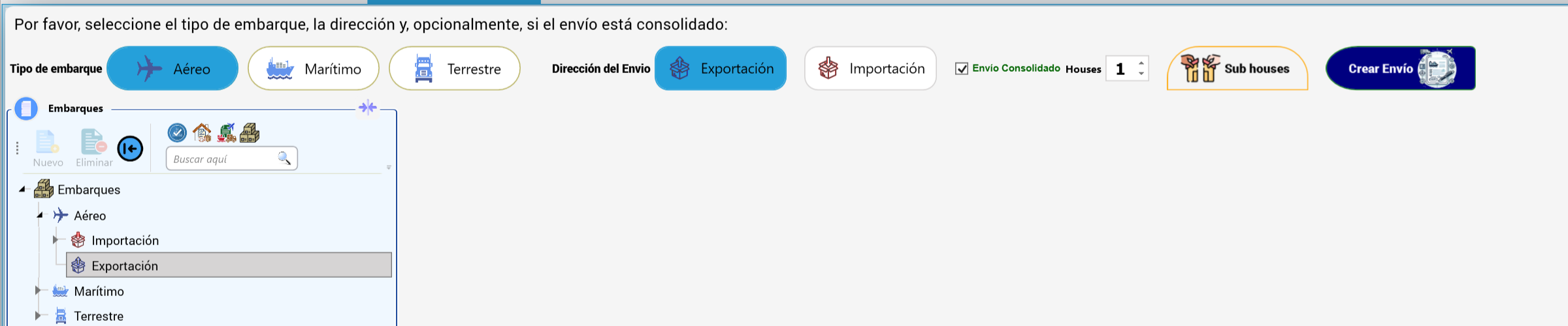 Tipo de embarque, dirección y consolidación