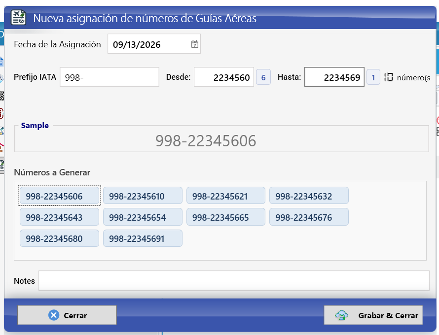 Asignación del stock 2234560 a 2234569 (captura de Panamá)