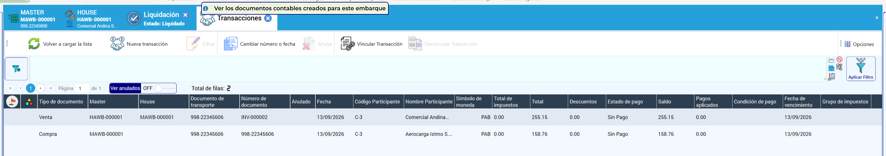 Los documentos contables generados por la liquidación