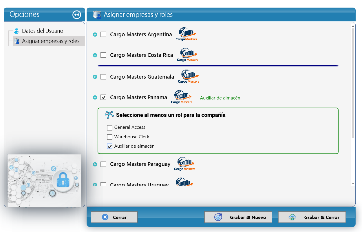 Asignación de una compañía con el rol Auxiliar de almacén (captura de Panamá)