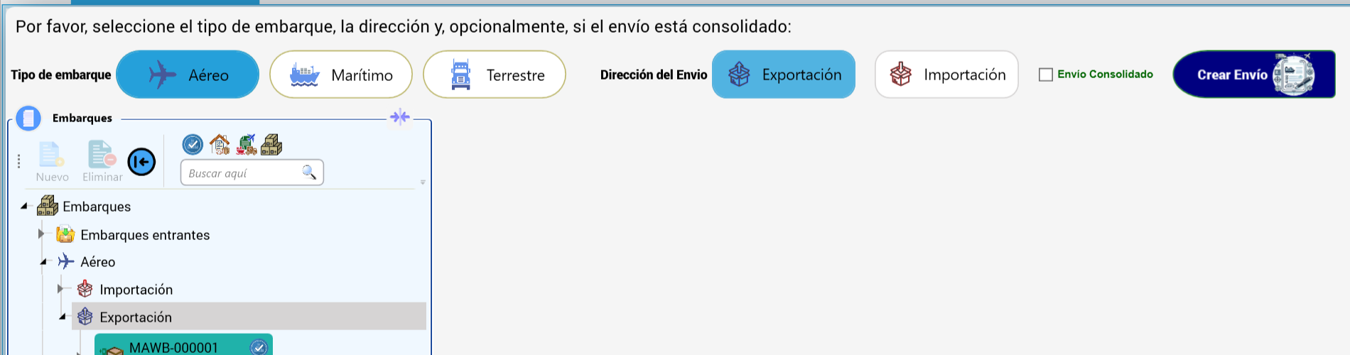 Nueva guía directa: Aéreo, Exportación, sin consolidar