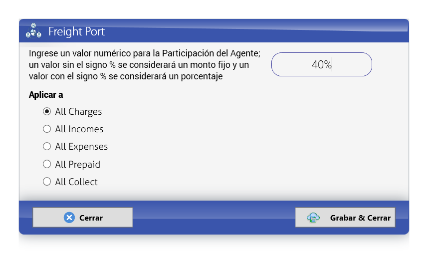 Participación del agente: 40% en todos los cargos