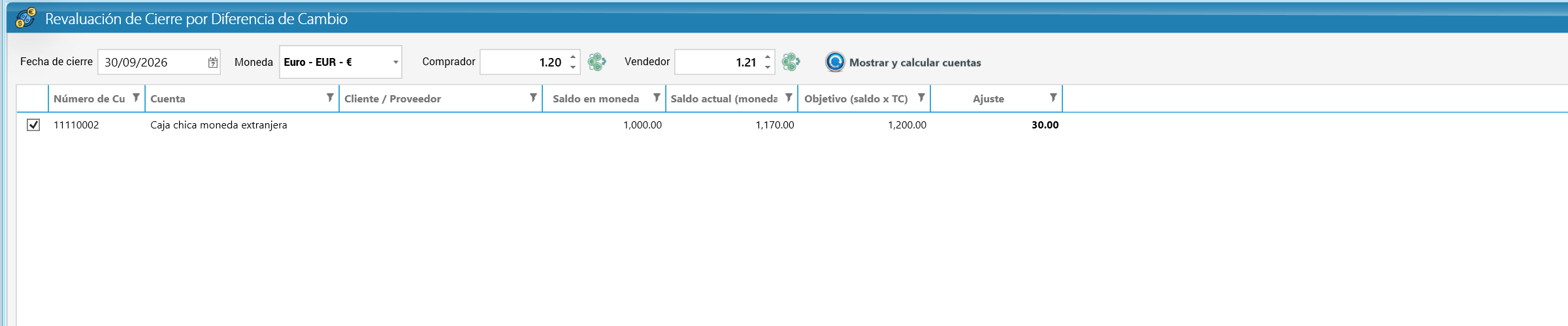 Revaluación de cierre del euro al 30/09/2026