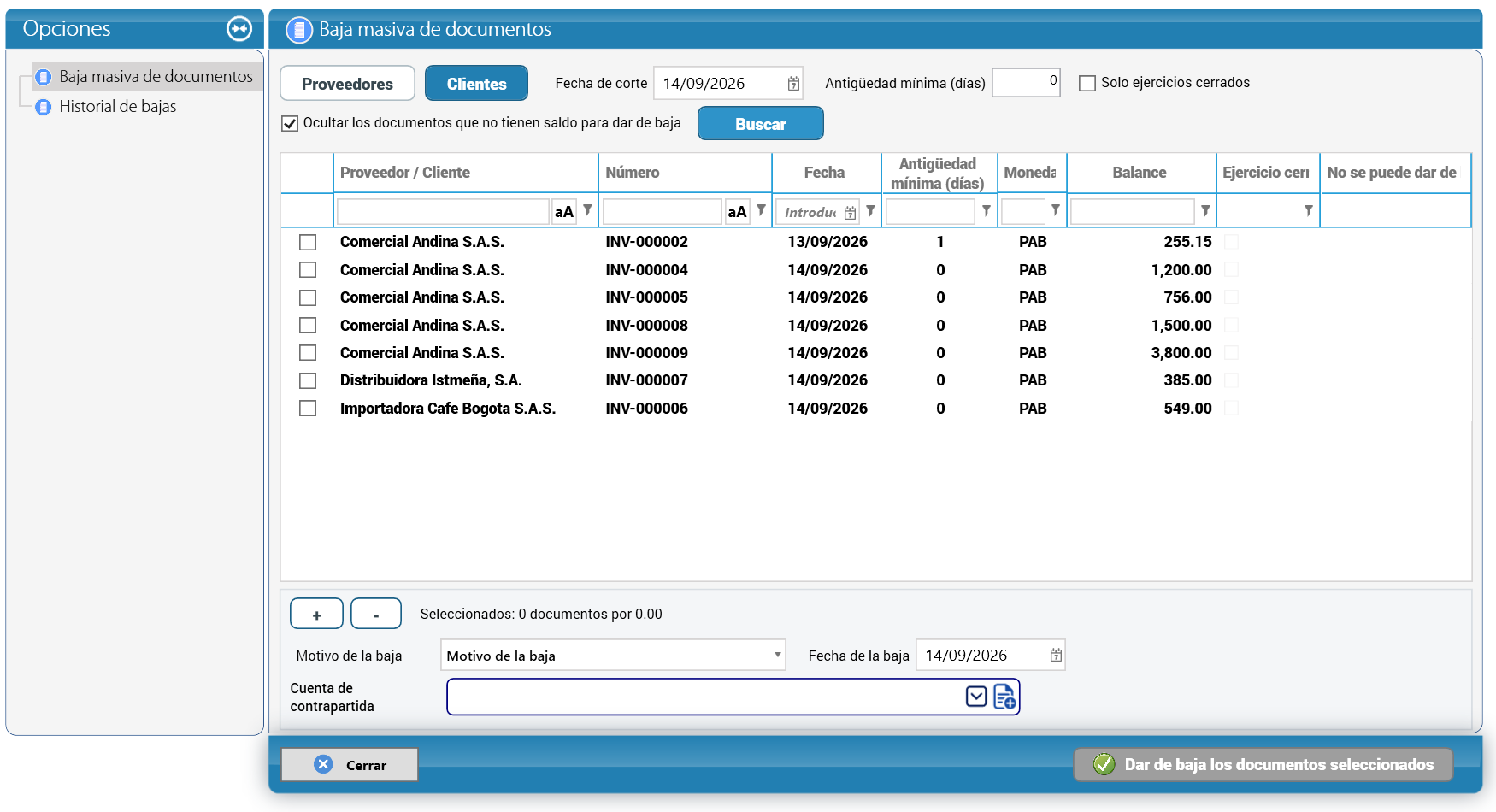 Buscar documentos abiertos para dar de baja