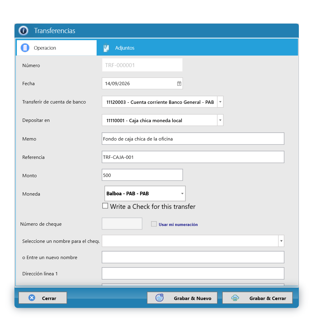 Transferencia TRF-000001 del banco a la caja chica