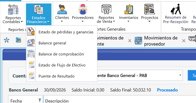 El menú Estados Financieros