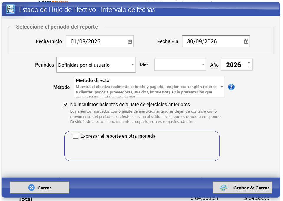 Opciones del estado de flujo de efectivo