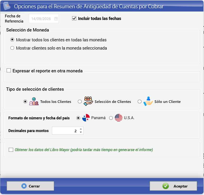 Opciones del resumen de antigüedad de cuentas por cobrar