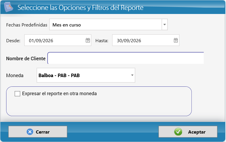 Opciones del reporte de ventas por cliente