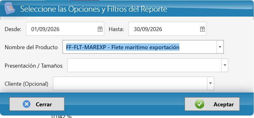 Opciones del reporte de ventas por producto