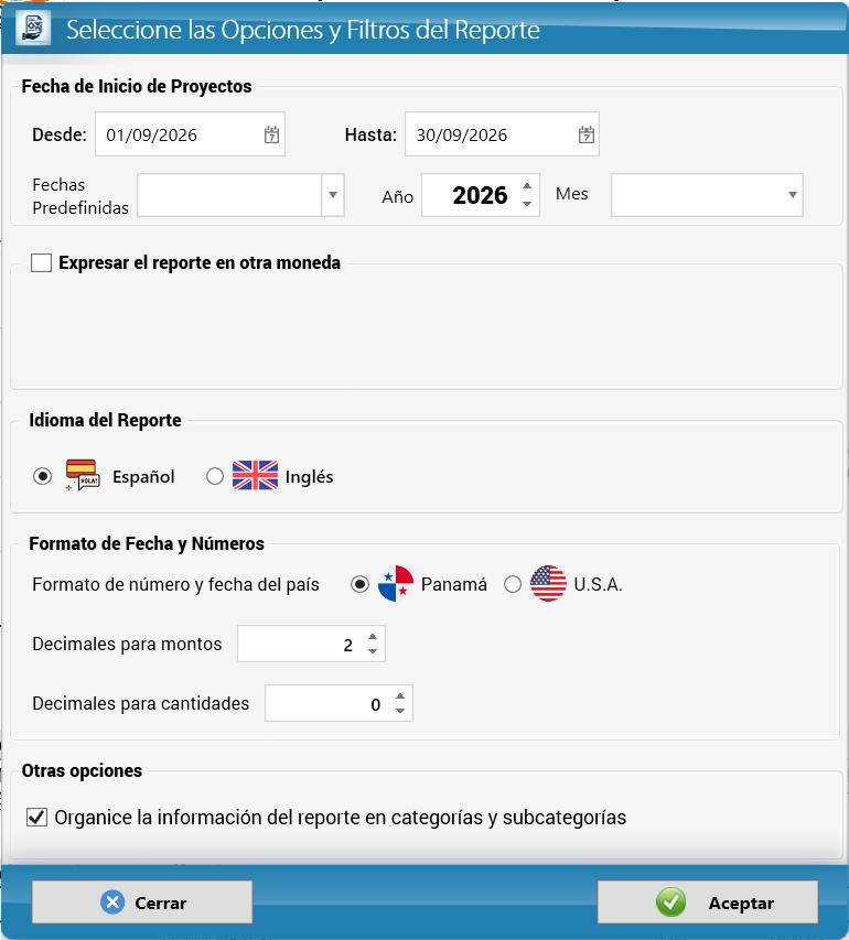 Opciones del reporte de ganancias por proyecto