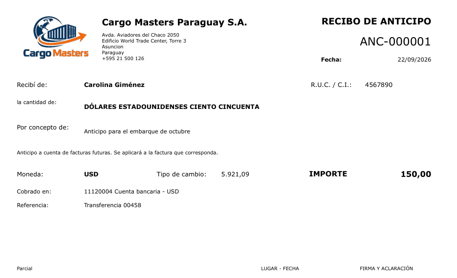 El recibo de anticipo (captura de Paraguay)