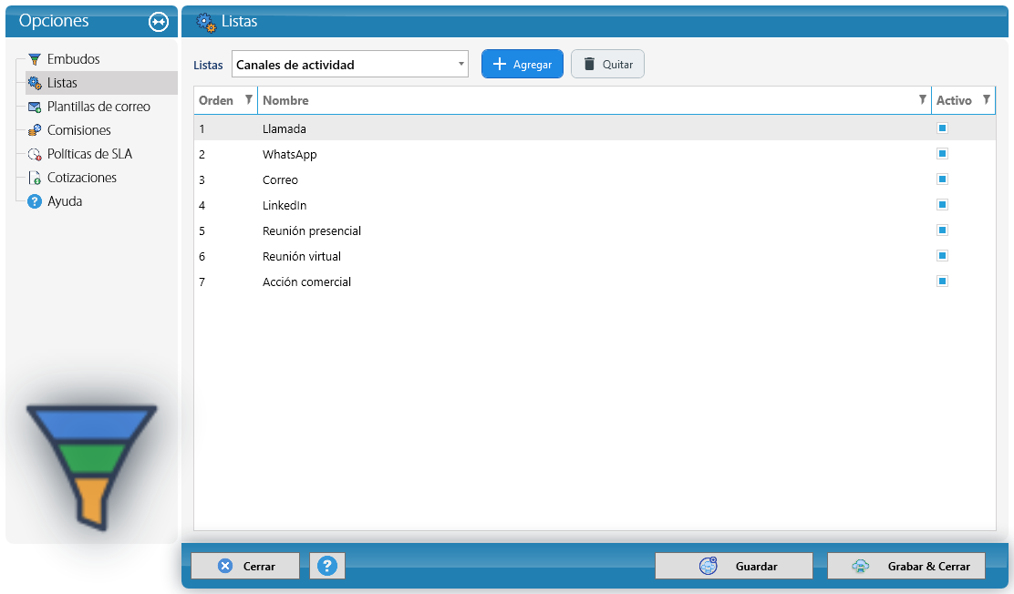 Listas del CRM: canales de actividad