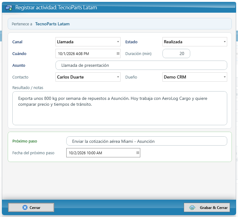 Registrar una actividad con su próximo paso