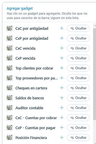La lista completa de gadgets, con Ocultar y Mostrar