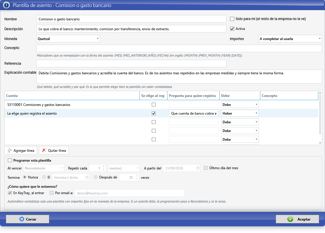 El editor, con la línea del banco que se elige al registrar (captura de Guatemala)