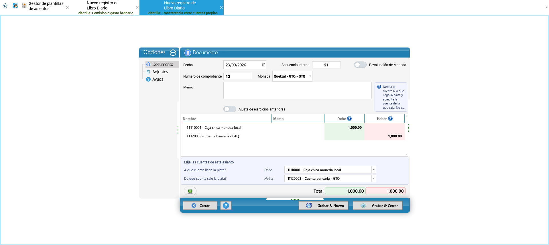 La transferencia entre cuentas propias, con sus dos cuentas elegidas (captura de Guatemala)
