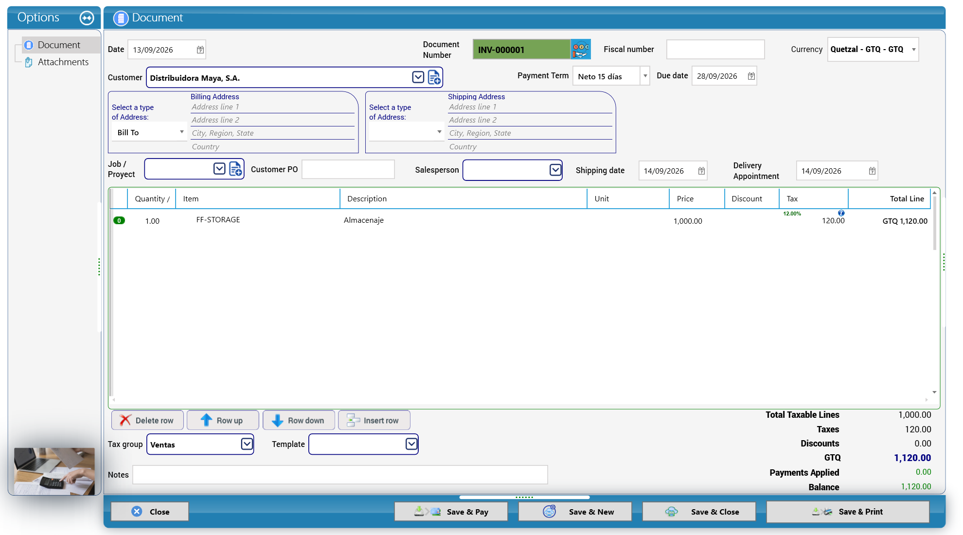 Sales invoice INV-000001 to Distribuidora Maya, S.A. (Cargo Masters Guatemala)