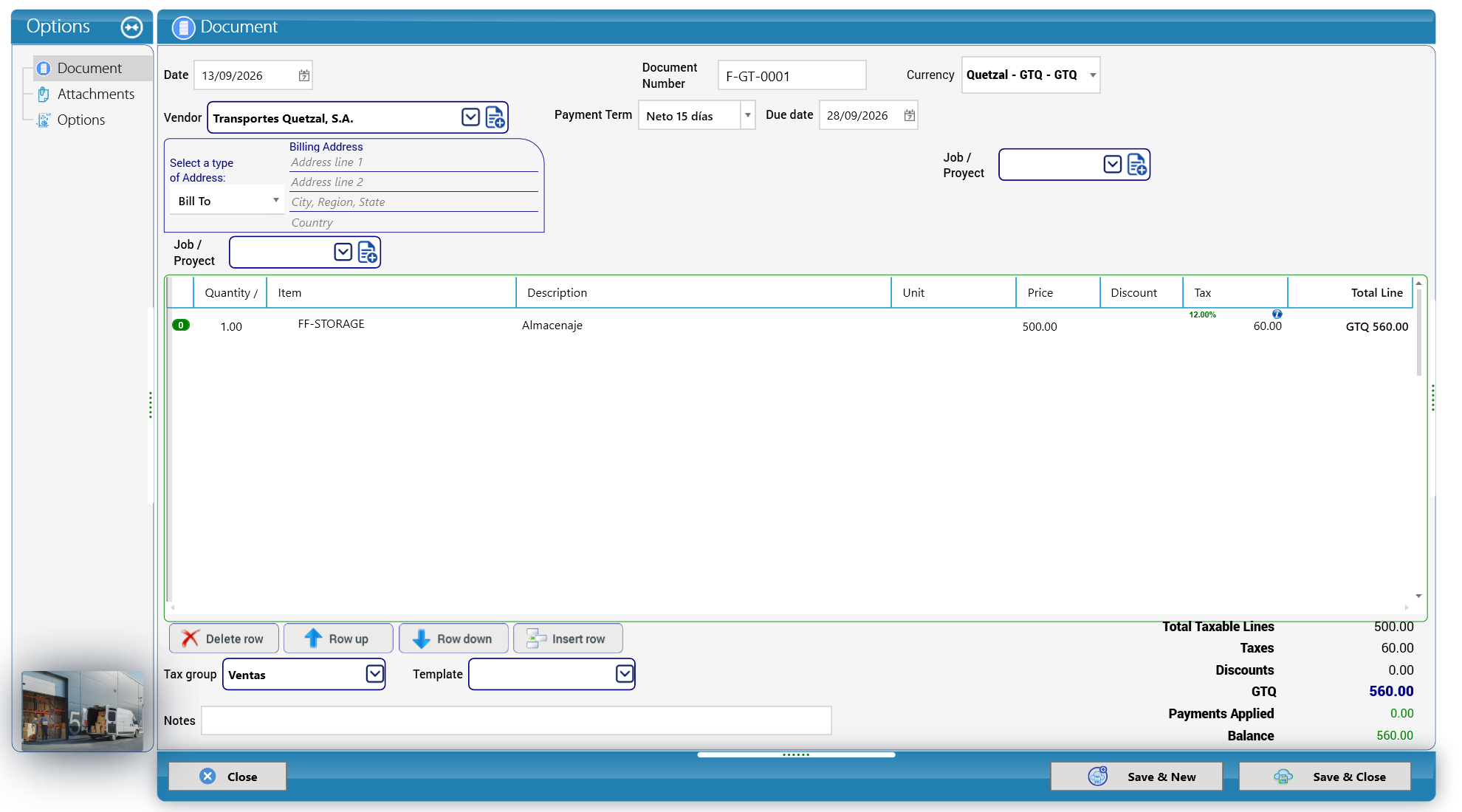 Vendor bill F-GT-0001 from Transportes Quetzal, S.A. (Cargo Masters Guatemala)