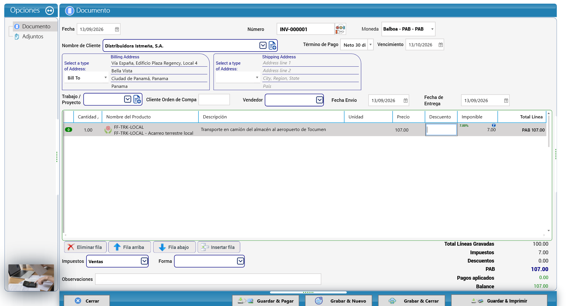 Factura de venta INV-000001 a Distribuidora Istmeña