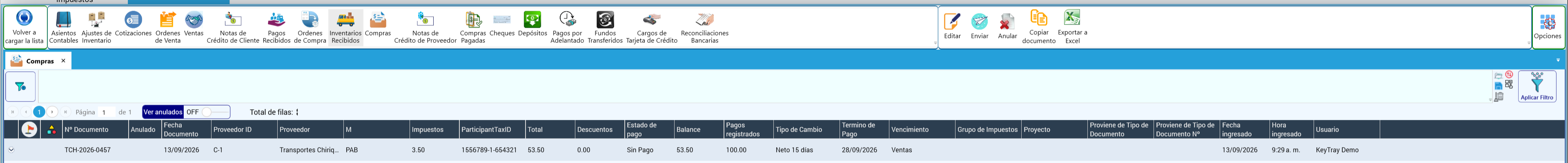 La lista de compras con las acciones del documento