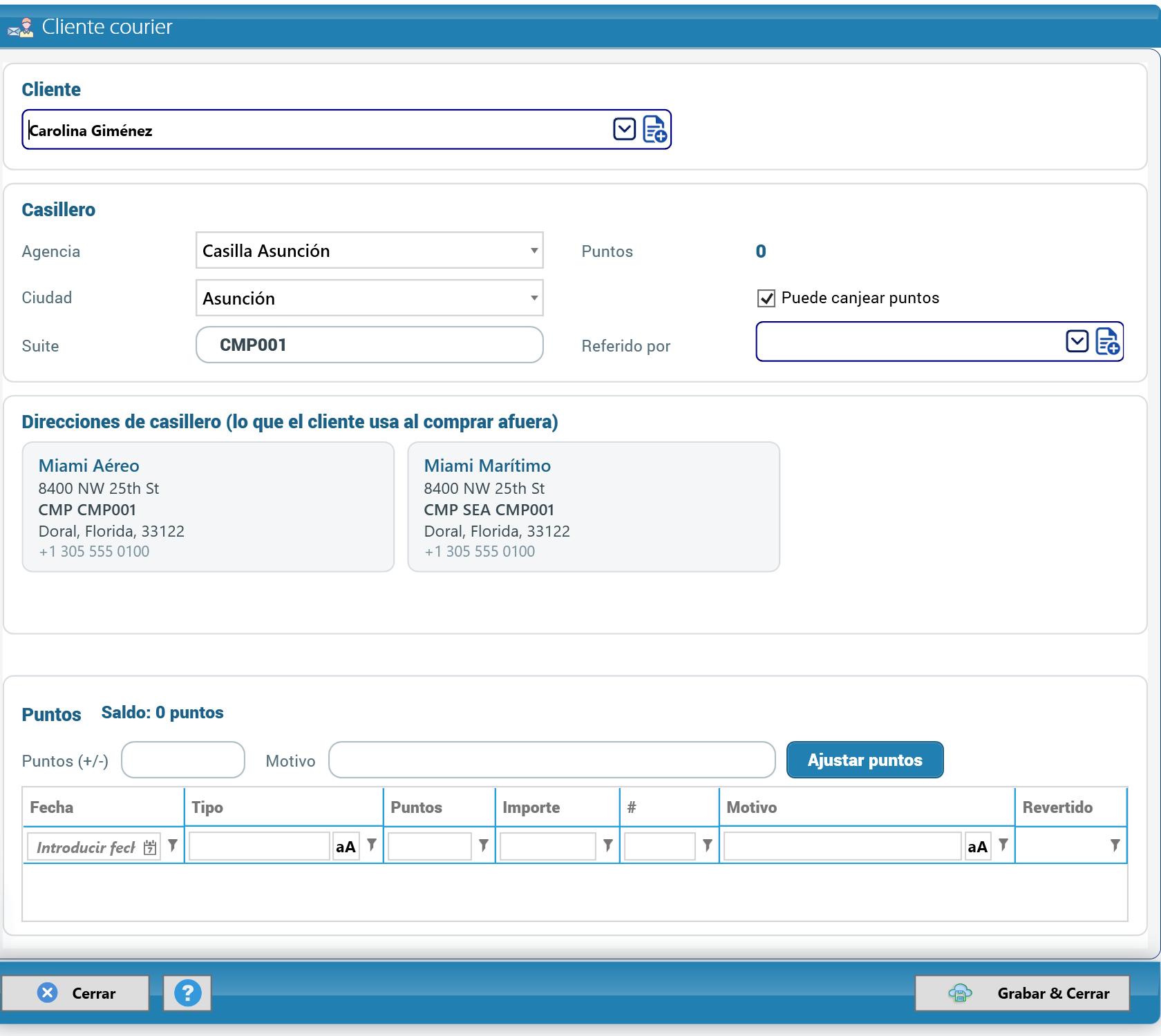 Direcciones de casillero con la suite
