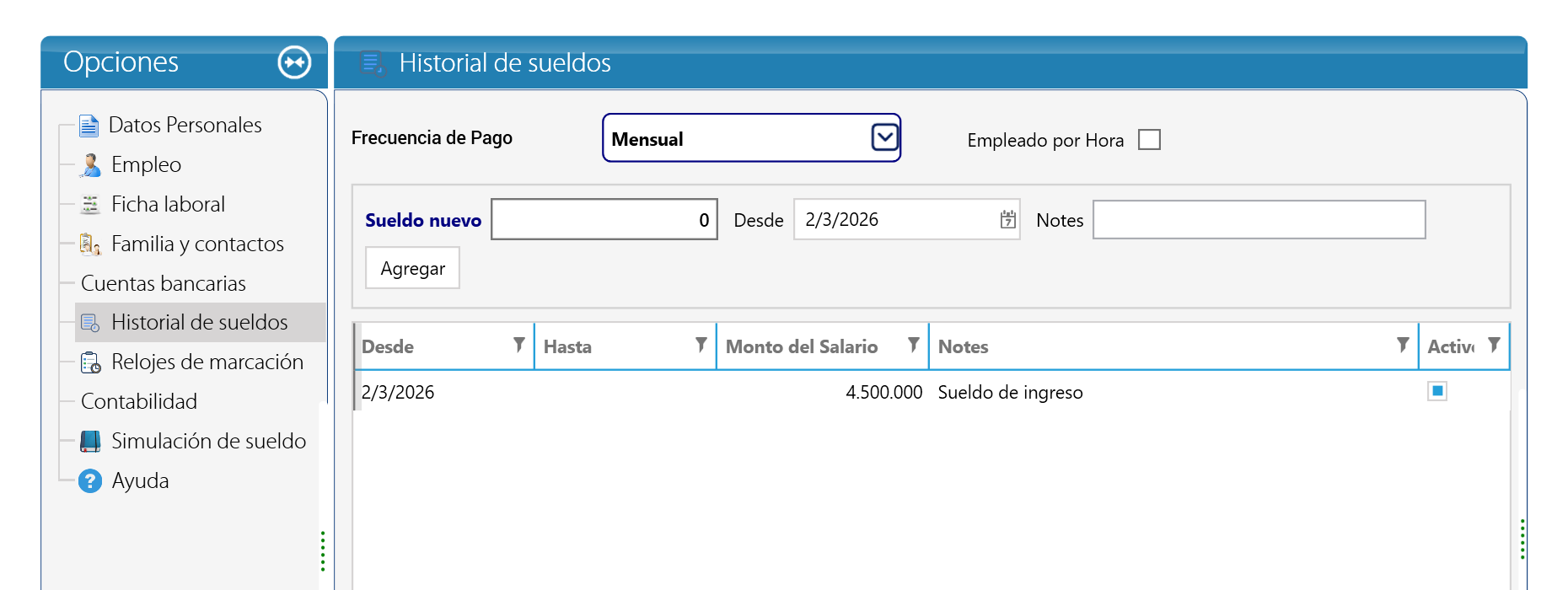 Historial de sueldos