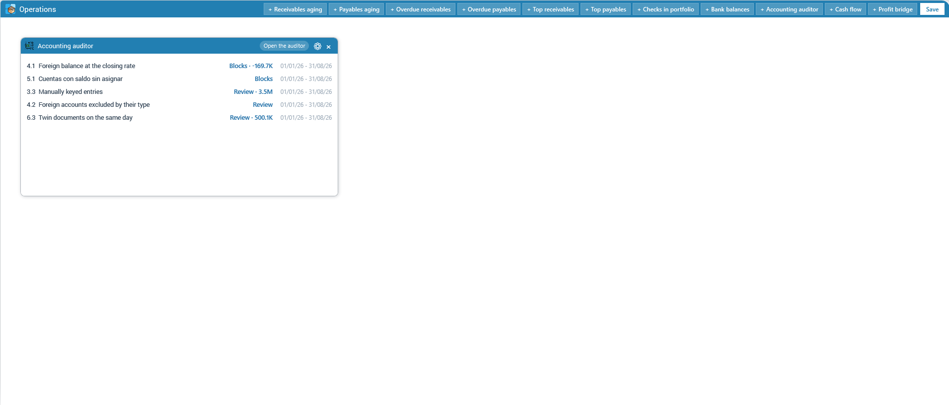 The Accounting auditor widget on the dashboard