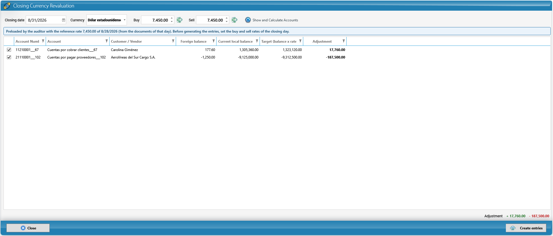 The revaluation wizard, preloaded by the auditor
