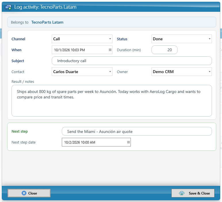 Logging an activity with its next step