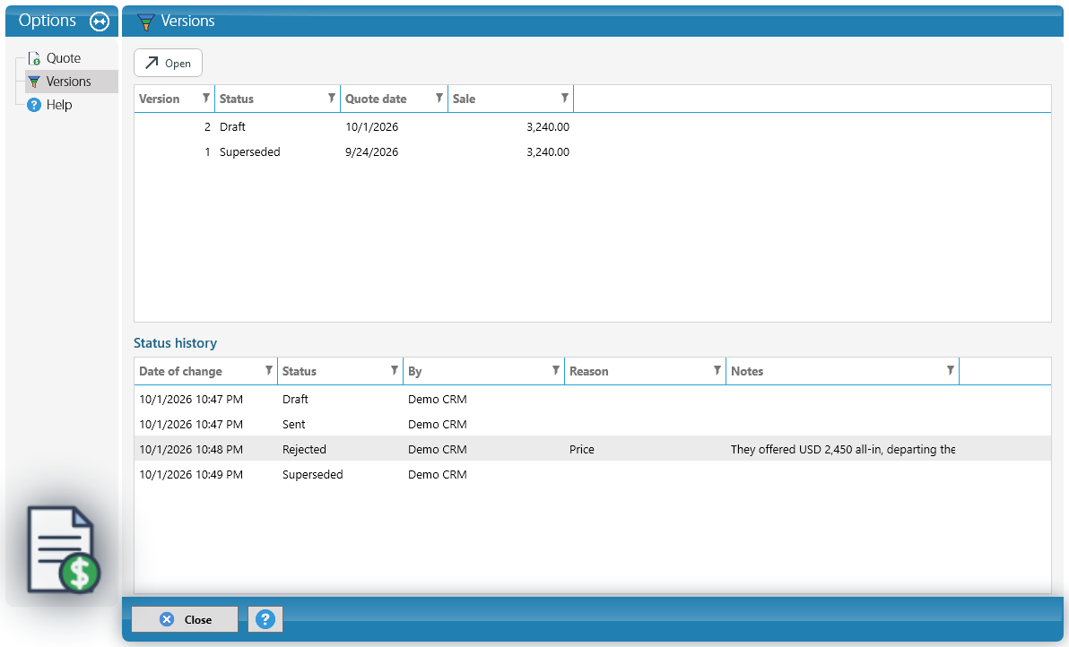 Versions and status history