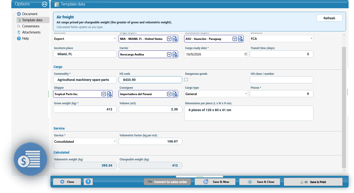 Template data filled in, with the calculated chargeable weight