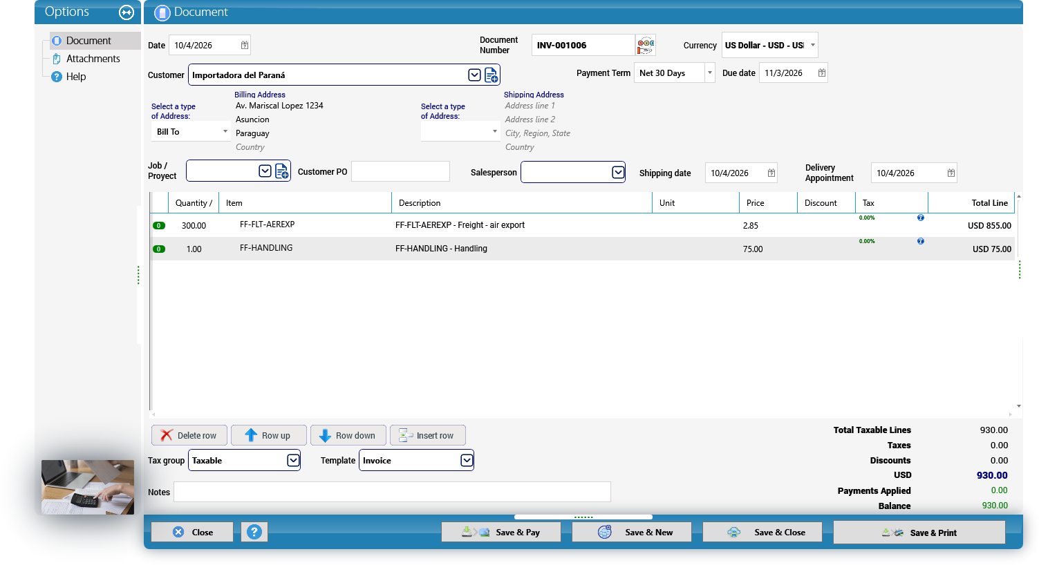 The invoice built from the sales order