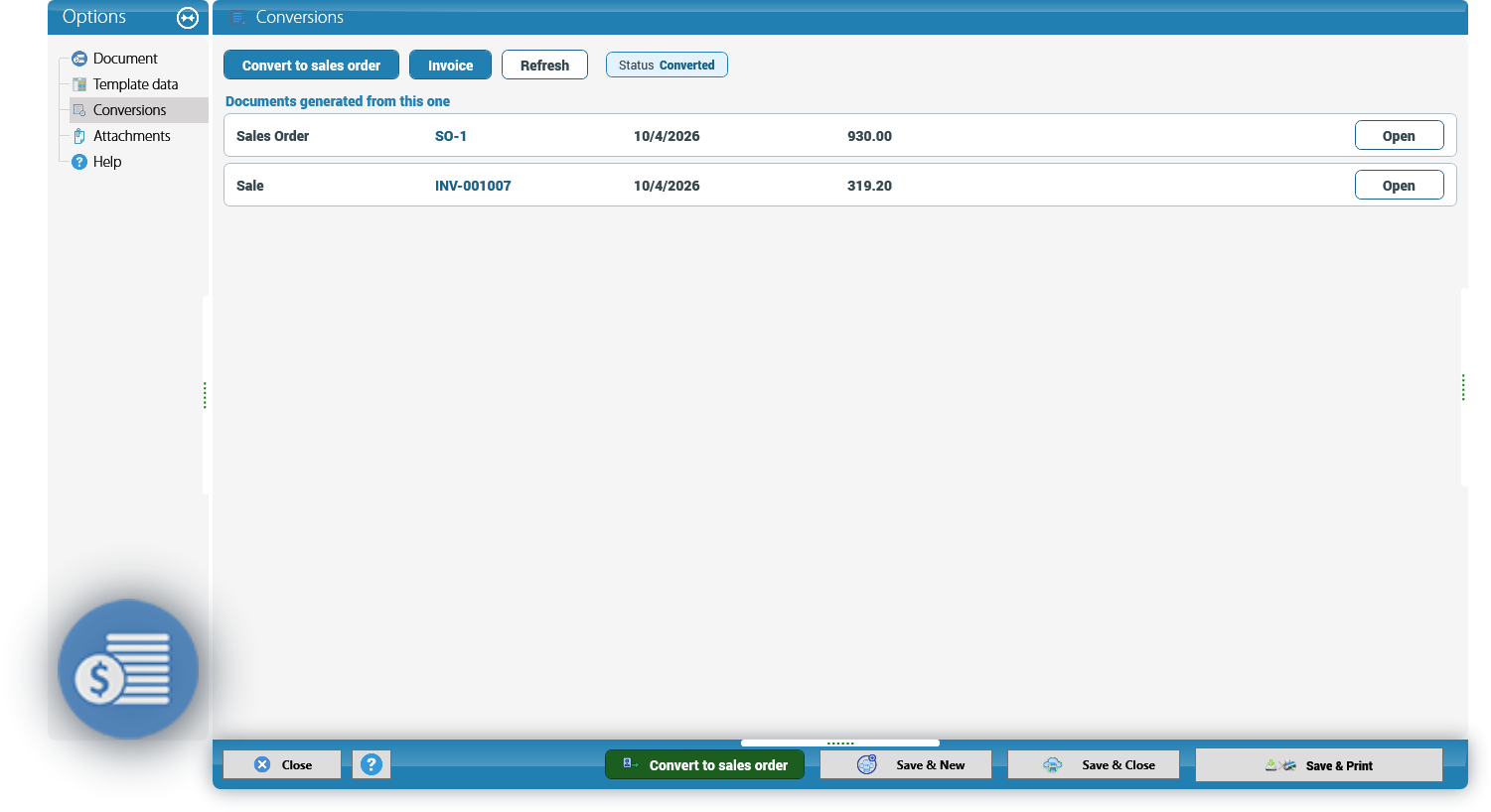 Conversions of the quote: the sales order and the invoice