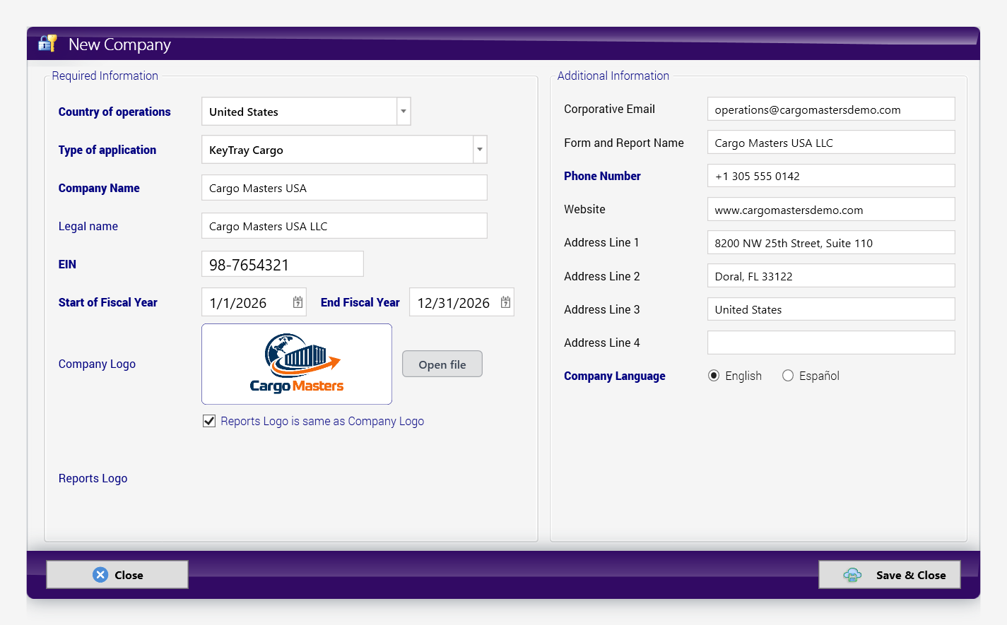 The New Company window filled in for Cargo Masters USA