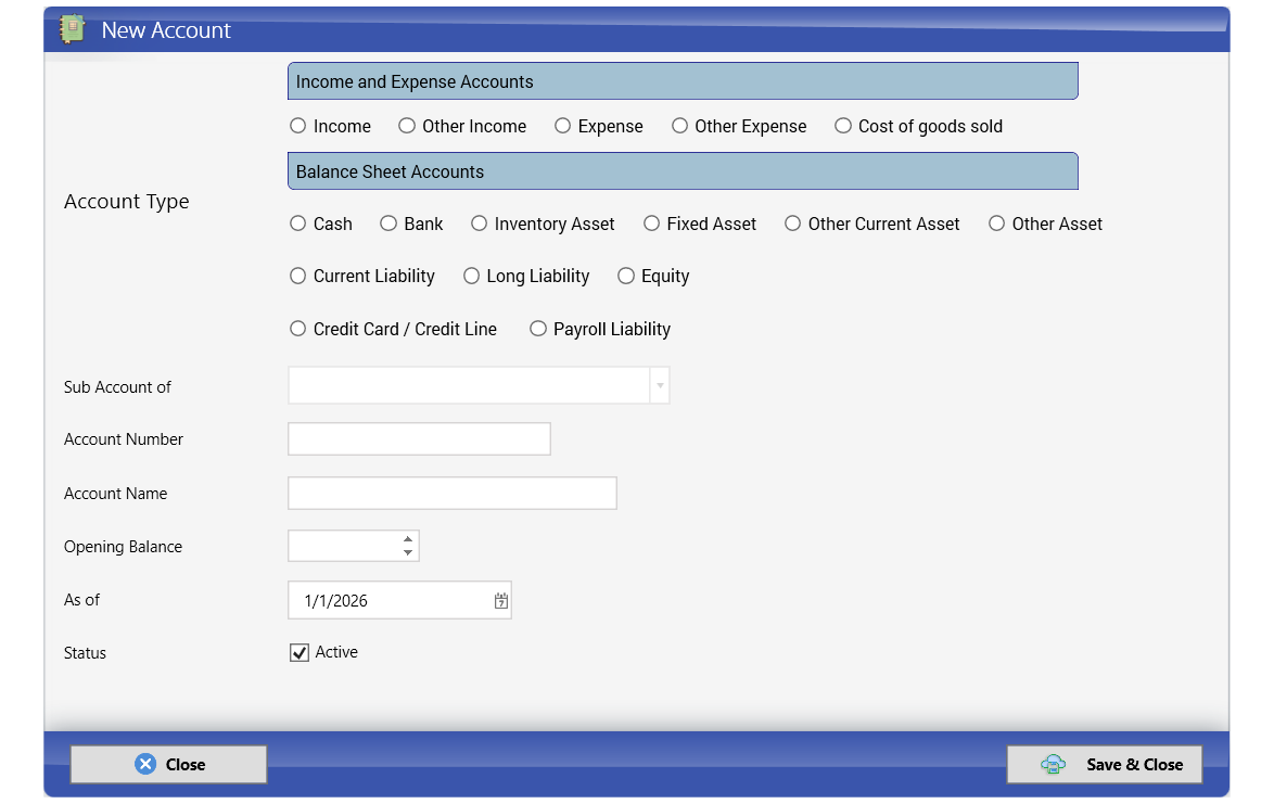 The New Account window with all account types
