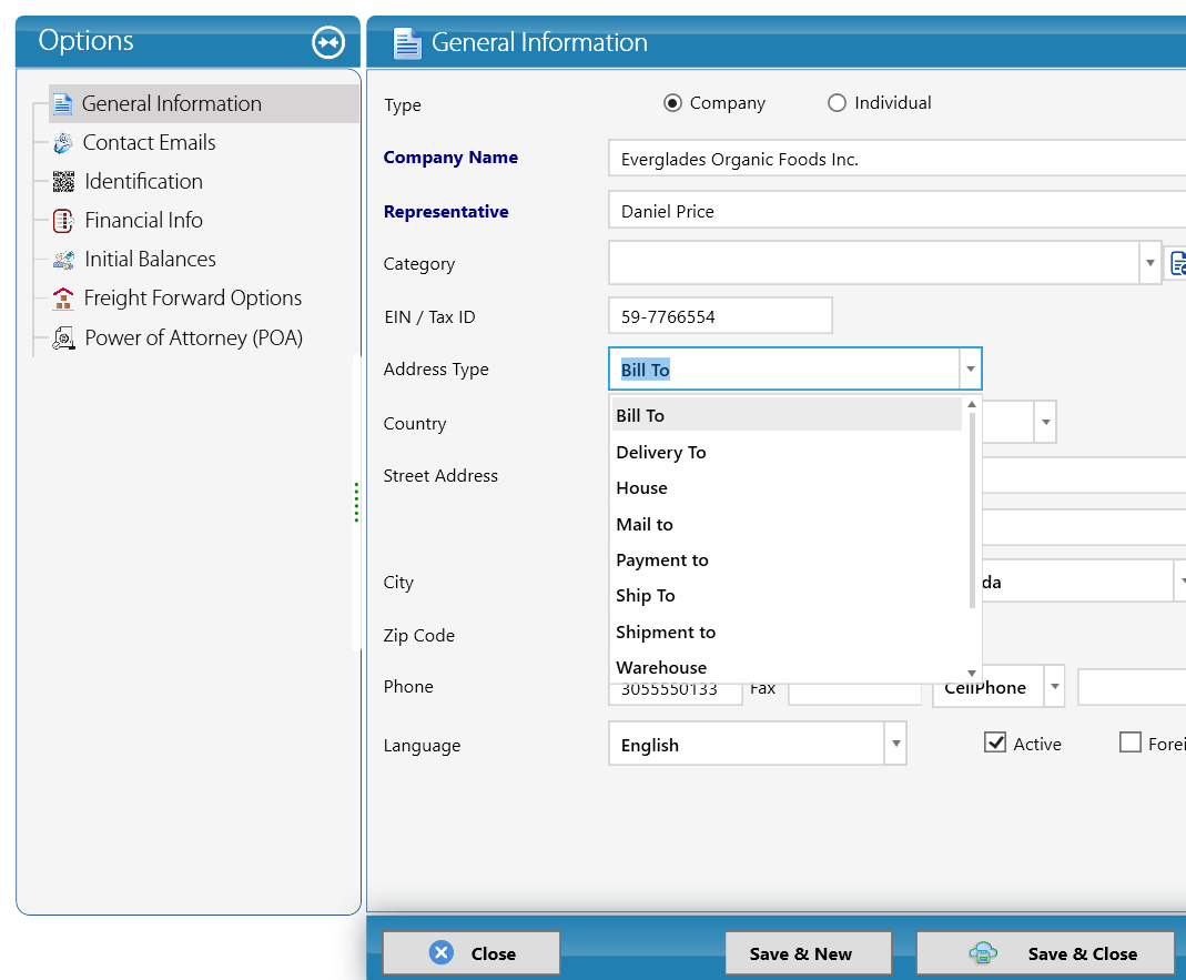 Shipper General Information with the Address Type list open
