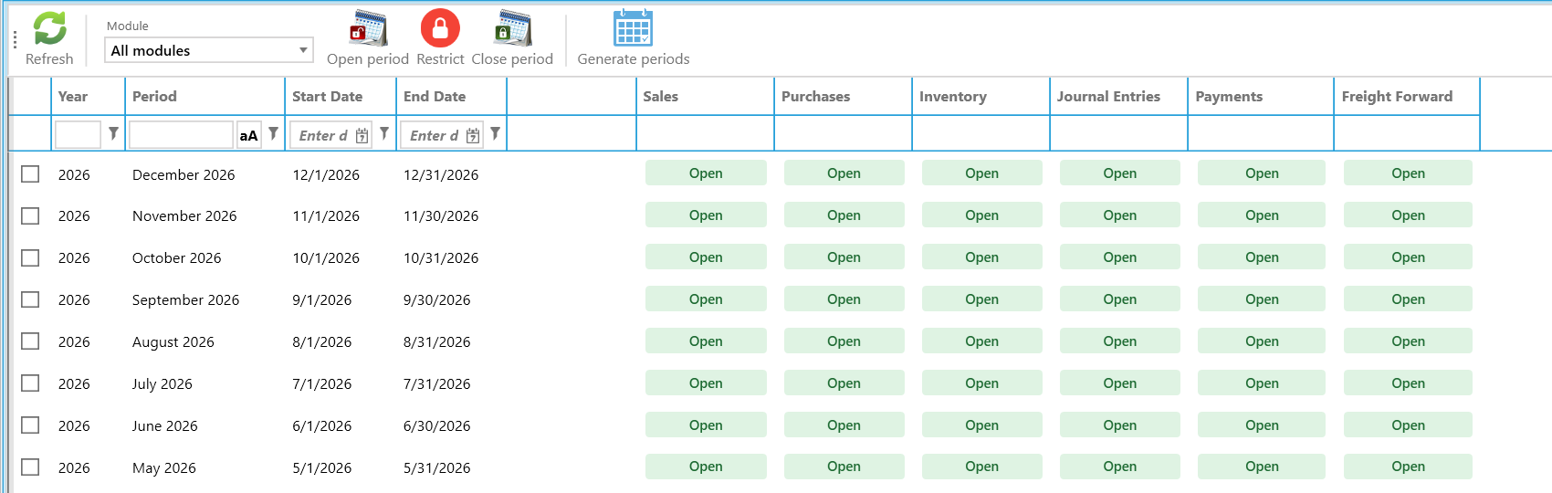 Periods after the month was reopened: all modules Open again